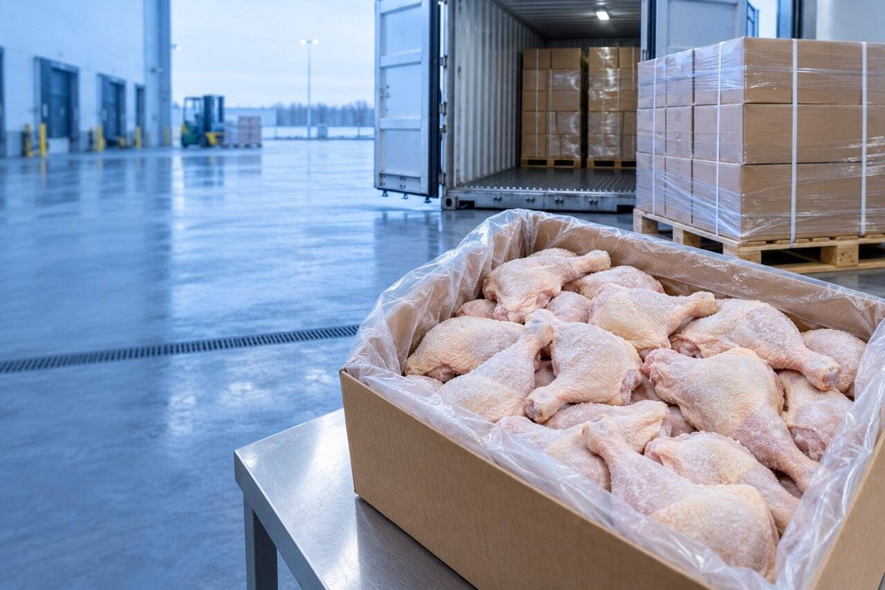 Bulk frozen poultry in a lined export carton beside palletized freight cartons and a refrigerated container