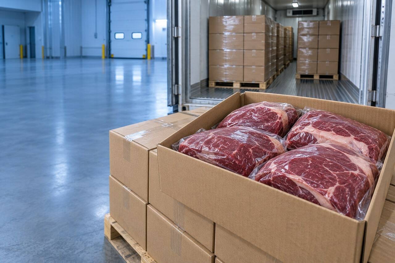 Wholesale beef cuts vacuum packed in an export carton, with palletized cartons and a refrigerated container behind them